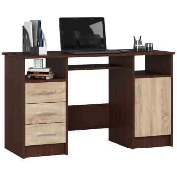 Birou computer pal 3 sertare si dulap, 124x52x74 cm, polita tastatura, wenge si stejar sonoma