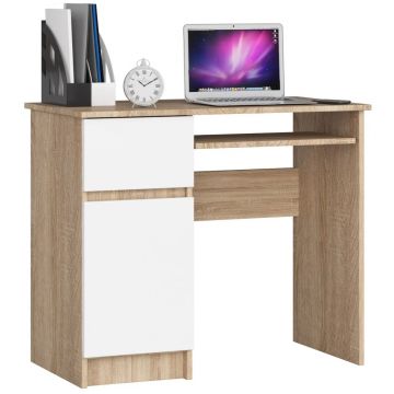 Birou computer pal sertar dulap raft tastatura, 90x50x77 cm, design modern, stejar sonoma alb