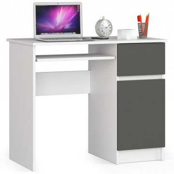 Birou computer pal sertar dulap raft tastatura dreapta, 90x50x77 cm, design modern, alb si gri