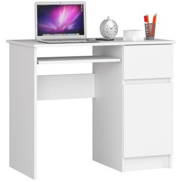 Birou computer pal sertar dulap raft tastatura dreapta, 90x50x77 cm, design modern, alb