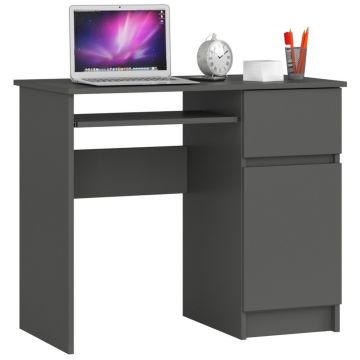 Birou computer pal sertar dulap raft tastatura dreapta, 90x50x77 cm, design modern, stejar gri