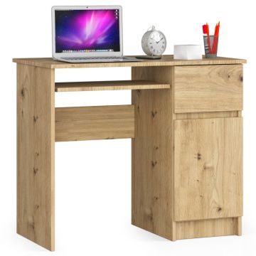 Birou computer pal sertar dulap raft tastatura dreapta, 90x50x77 cm, design natural, stejar artisan