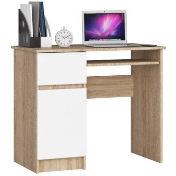 Birou computer pal sertar dulap raft tastatura stanga, 90x50x77 cm, design modern, stejar sonoma alb