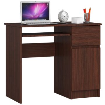 Birou computer pal sertar dulap si raft tastatura, 90x50x77 cm, finisaj elegant, maro wenge
