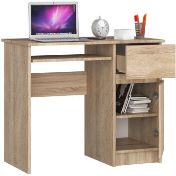 Birou computer PIKSE cu sertar, dulap si polita glisanta pentru tastatura, dreapta, 90x50x77 cm, stejar sonoma