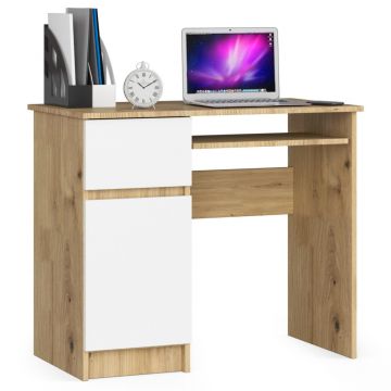 Birou computer PIKSEL, cu sertar, dulap si raft pentru tastatura, stanga, 90x50x77 cm, stejar artisan si alb