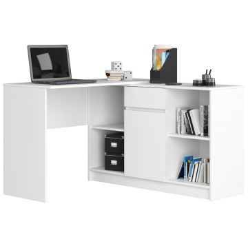 Birou de colt cu sertar, usa si 6 rafturi, PAL laminat 16 mm, 120x126x79 cm, alb