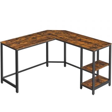 Birou de colt in forma de L, cu 2 rafturi de depozitare, 130x130x76 cm, industrial, maro rustic