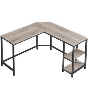 Birou de colt in forma de L, cu 2 rafturi de depozitare, 138x138x75cm, industrial, gri si negru