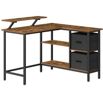Birou de colt in forma L, cu 2 sertare si suport monitor, montare pe ambele parti, stil industrial, 115x105 cm, maro rustic