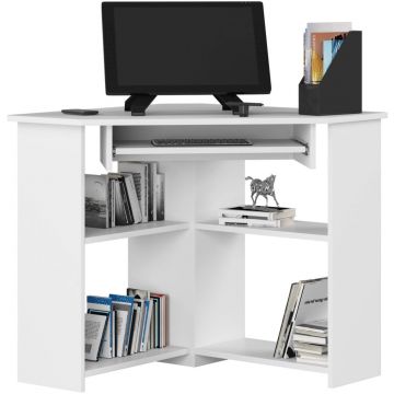 Birou de colt TED, cu rafturi si polita glisanta pentru tastatura, 80x80x74 cm, alb