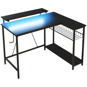 Birou de Gaming cu LED si Rafturi, Design in Forma de L Reversibil pentru Spatii Mici, Birou PC si Console, 107 80 90 cm, Negru