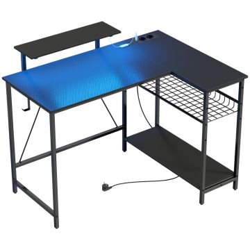 Birou Gaming Coltar cu LED, Prize Electrice, Suport pentru Monitor si Raft, Negru
