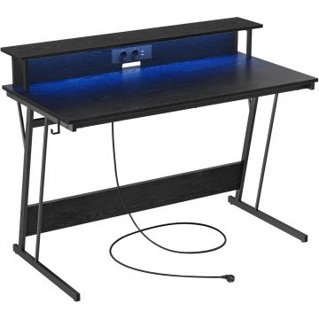 Birou gaming cu iluminare LED reglabila, 2 prize si 2 USB, suport 2 monitoare, 120x60x76 cm, negru