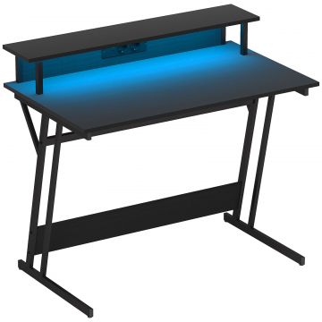 Birou Gaming cu Lumini LED si Suport pentru Monitor, din PAL si Otel, 100x60x88.5 cm, Negru