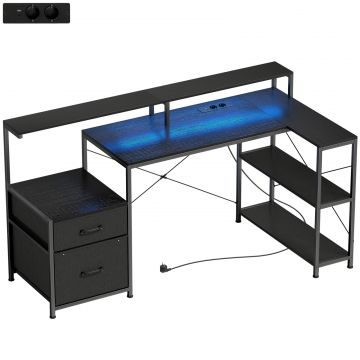 Birou Gaming cu Spatii de Stocare si 2 Suporturi pentru Monitoare, din Lemn si Otel, 165x80x91.5 cm, Negru