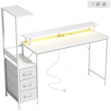 Birou Gaming cu Suport CPU Reglabil Reversibil si LED, 147x47 cm, Statie de incarcare, Suport Monitor, 3 Sertare din Material Textil, pentru Acasa,