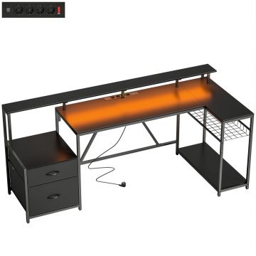 Birou Gaming Reversibil in Forma de L cu LED, 192,5cm Birou Coltar cu Prize Electrice, Suport Monitor si CPU, 2 Sertare din Material Textil pentru