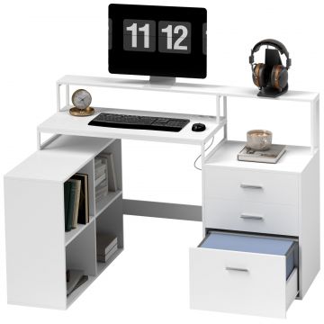 Birou in Forma de L cu Prize de Curent, Sertar si Suport pentru Monitor, 138,5x90x92 cm, Alb