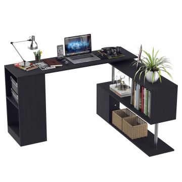 Birou L cu Rafturi 360  - Lemn Negru, Modern  Practic