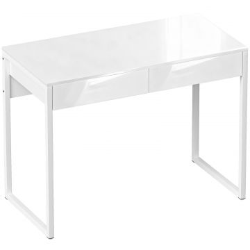 Birou Modern cu 2 Sertare si Picioare din Otel, 100x50x75 cm, Alb Lucios