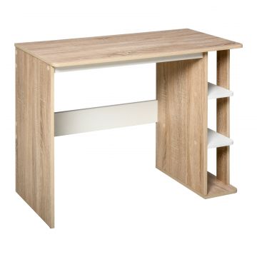 Birou Modern din Lemn cu Raft cu 3 Etaje, 100x44x74cm, Alb si Stejar
