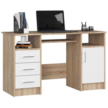 Birou pal 3 sertare usa depozitare generoasa, 124x52x74 cm, design modern, stejar sonoma alb