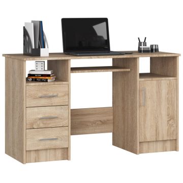 Birou pal 3 sertare usa depozitare generoasa, 124x52x74 cm, design natural, stejar sonoma