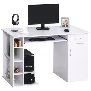 Birou PC Ergonomic - Alb, Cu Rafturi  Blat Tastatura