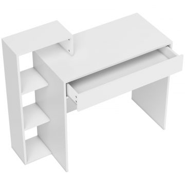 Birou PC Modern cu 3 Rafturi Deschise si Sertar, din Lemn Alb, 100x40x90 cm