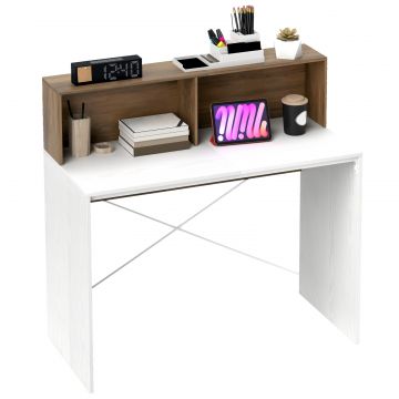 Birou PC pentru Studiu cu Blat inaltat si 2 Rafturi, 110x50x102.6 cm, Alb si Maro Nuc
