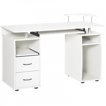 Birou pentru PC cu Polita pentru Tastatura si Monitor si 2 Sertare, 120x55x85 cm, Alb