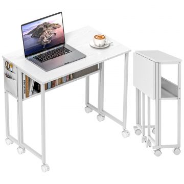 Birou Pliabil Alb - Cu Raft  Roti, Compact 80 cm