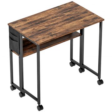 Birou Pliabil cu Raft Deschis si Buzunar Lateral, din Lemn si Otel, 80x50x75 cm, Maro si Negru