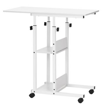 Birou reglabil inaltime rafturi roti blat lemn metalic, 80x40x76-86 cm, design modern, alb