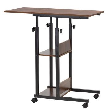 Birou reglabil inaltime rafturi roti blat lemn metalic, 80x40x76-86 cm, design modern, maro inchis