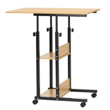 Birou reglabil inaltime rafturi roti blat lemn metalic, 80x40x76-86 cm, design modern, maro natur