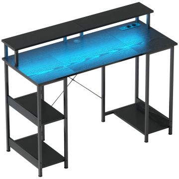 Birou Reversibil pentru Calculator cu Prize, Lumini LED, Suport Dublu si Rafturi Reglabile, 120x50x89,5 cm, Negru