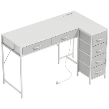 Birou Unghiular cu 6 Sertare cu Carlig Lateral si Prize Integrate, din Lemn si Otel, 126x48x80 cm, Alb