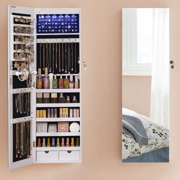 Dulap de bijuterii cu oglinda, montare pe perete, lumini LED, 37x10x120cm, alb