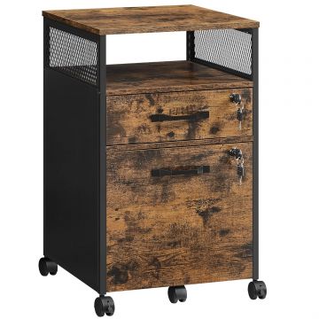 Dulap mobil 42x44x69 cm, cu 2 sertare si roti cu frana, compartiment deschis si suport dosare, PAL si otel, maro rustic si negru