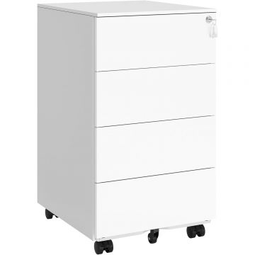 Dulap mobil rollbox pentru dosare, din otel, 4 sertare, incuietoare, roti blocabile, 39x45x69 cm, alb