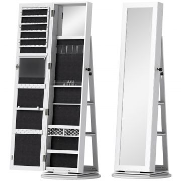 Dulap pentru Bijuterii 3 in 1 Rotativ la 360 , Rafturi din Spate si Usa cu Cheie, 55x55x161 cm, Alb