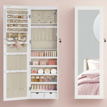 Dulap pentru bijuterii cu oglinda, montare pe perete sau usa, material MDF, inchidere cu cheie, 120x37x10 cm, alb