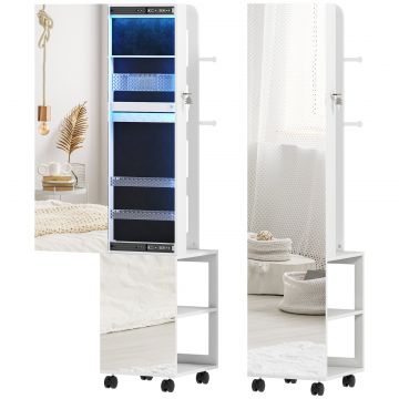 Dulap pentru Bijuterii cu Oglinda Rotativa 360 , Lumina LED Reglabila, incuietoare si Rafturi, 37x40x165,5 cm, Negru