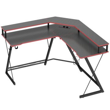 HOMCOM Birou de colț cu prize în formă de L 128x128 cm cu suport pentru monitor, cârlig și suport pentru pahar, negru | Aosom Romania