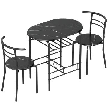 HOMCOM Set de luat masa 3 piese, masă de bucătărie și scaune pentru 2 persoane cu raft, living, aspect marmorat negru | Aosom Romania
