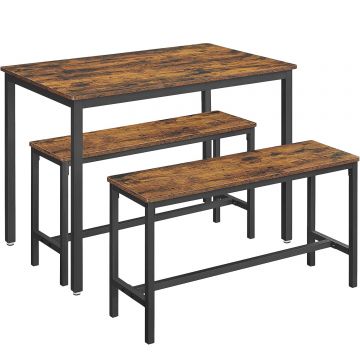 Masa de bar cu 2 banci, design industrial, 110x70x75 cm, maro rustic