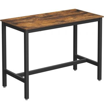 Masa de bar pentru bucatarie, dreptunghiulara, inalta, cadru de otel, 60x120x90cm, stil industrial, maro rustic si negru