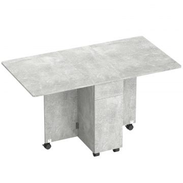 Masa de Bucatarie Pliabila pe Roti cu 2 Sertare, 2 Usi si Dulap, din Lemn, 140x76x74 cm, Gri Ciment